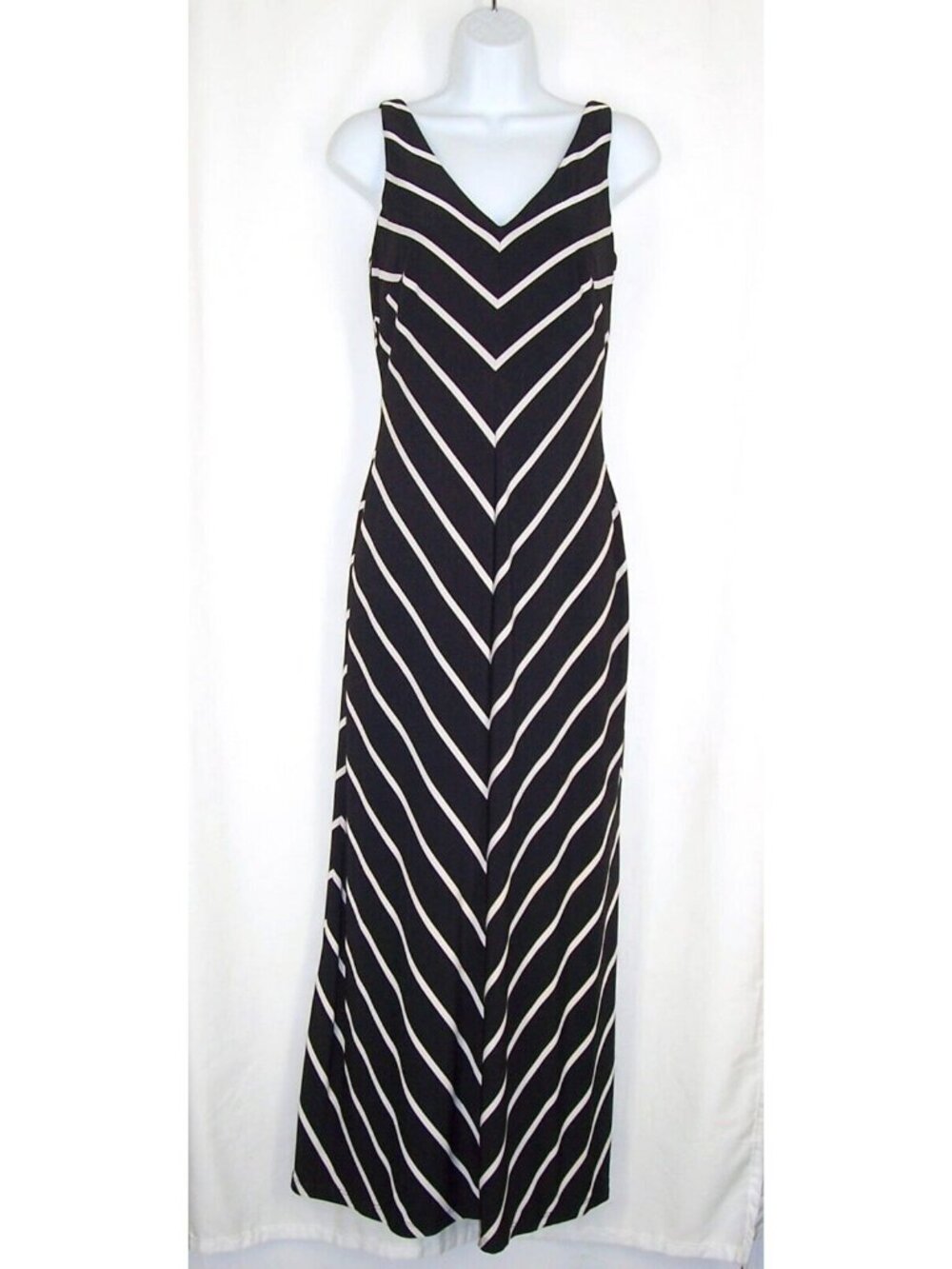 Lauren Ralph Lauren Black White Striped Maxi Dress 2 S Sleeveless Double Vneck